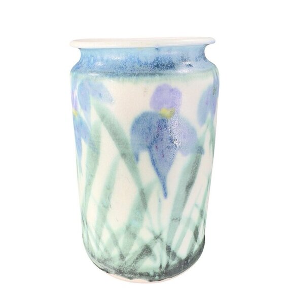 Vintage Artist Signed ERH Vellum Vase Cylinder Shape Hand Made Pottery Vase VTG